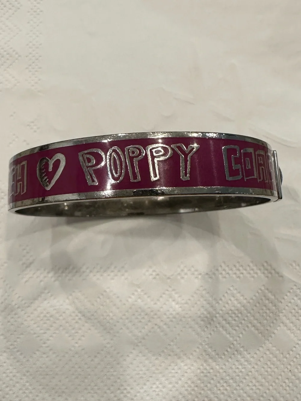 Coach Poppy Silver and Pink Enamel Logo Bangle Bracelet